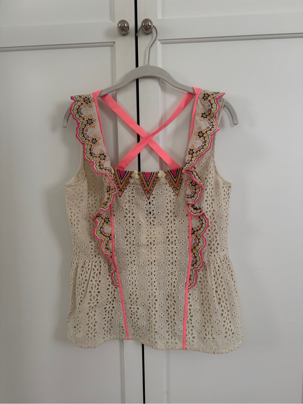 Vineet Bahl Eyelet Embroidered Sleeveless Top With Neon Trim
